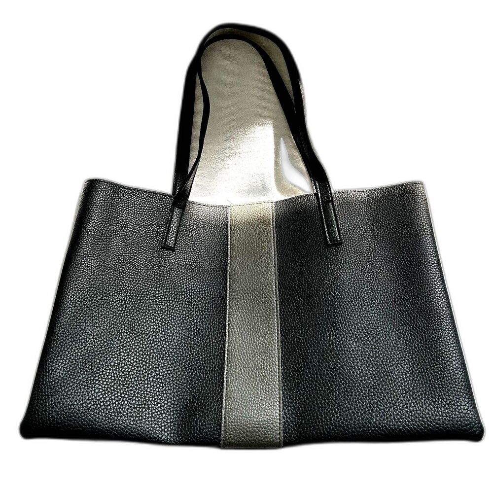 Vince Camuto Luck Tote Black Gray Pebbled Vegan Leather Large Shopper